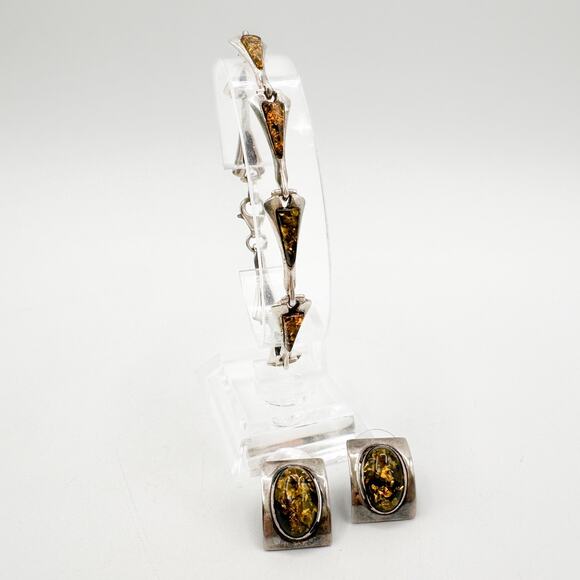 Vintage Baltic Amber Sterling Silver Semi Hoop Post Earrings and Bracelet Set - Picture 3 of 13